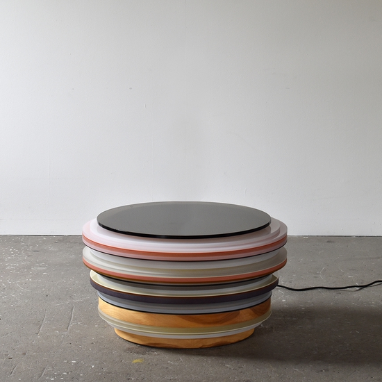 Matt Gagnon, Weight of Light 2, 2025, Acrylic, MDF, glass top, poplar wood, LEDs, 16 x 28 x 28 inches