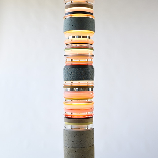 Matt Gagnon: Yellow Blue, 2022, Concrete, oak, bronze, acrylic, aluminum, steel, painted MDF, and LED, 82.75 x 10.5 x 10.5 inches
