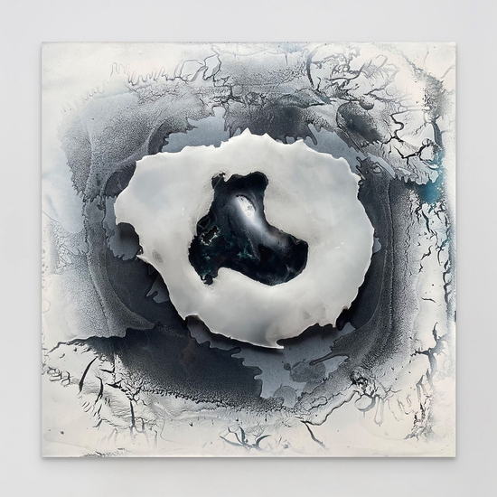 Alva Gallagher: Adrift, 2024, Cast plaster and resin, 24 x 24 x 0.5 inches