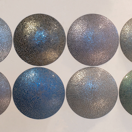 Ann Gardner: Ripple, 2020, Glass, metal leaf, grout, steel, 30 x 62 x 3 inches