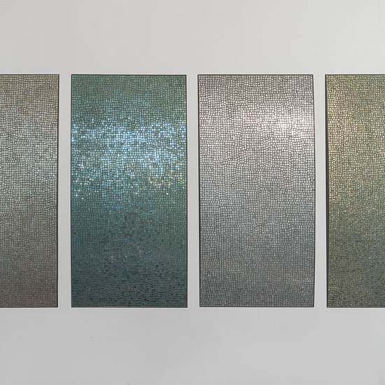 Ann Gardner, Untitled, 2026, Glass, steel, metal leaf, grout, 42 x 94.5 x 2.5 inches