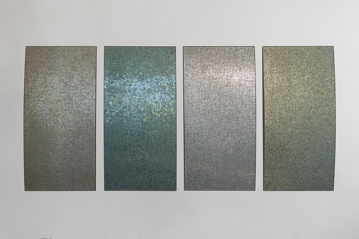 Ann Gardner, Untitled, 2026, Glass, steel, metal leaf, grout, 42 x 94.5 x 2.5 inches