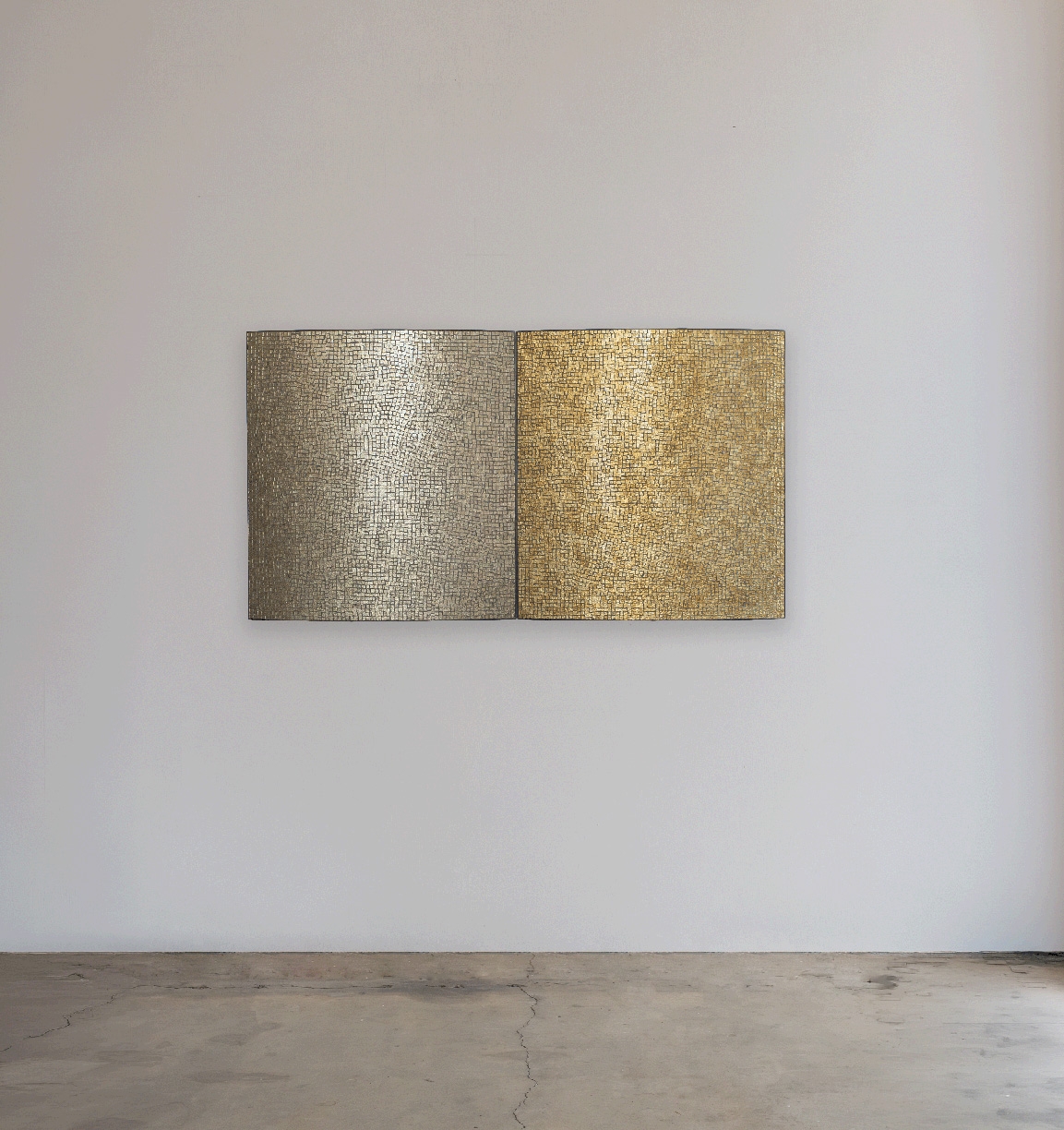 Ann Gardner, Untitled (Sand), 2026, Glass, steel, metal leaf, and grout, 30 x 56 x 3 inches