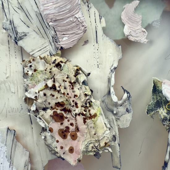 Peter Gronquist: Alchemist II, 2024, Polyurethane, ink, acrylic, salvaged paper, quartz paint, satin, resin on plexiglass and wood, 72 x 48 inches