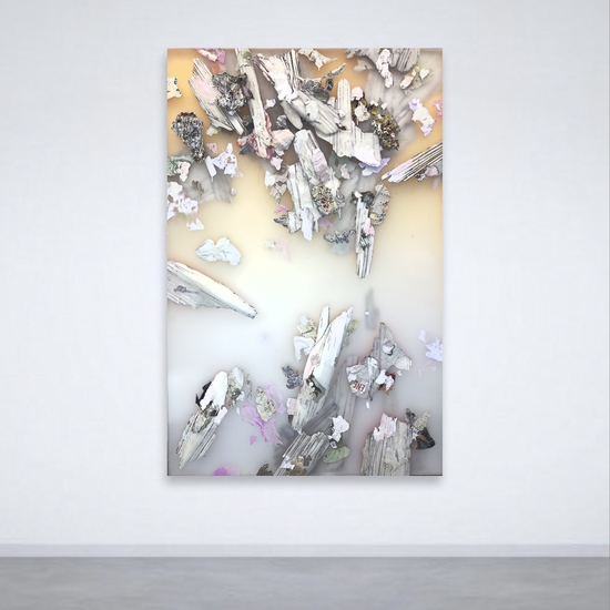 Peter Gronquist: Alchemist II, 2024, Polyurethane, ink, acrylic, salvaged paper, quartz paint, satin, resin on plexiglass and wood, 72 x 48 inches