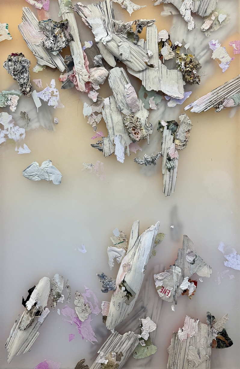 Peter Gronquist: Alchemist II, 2024, Polyurethane, ink, acrylic, salvaged paper, quartz paint, satin, resin on plexiglass and wood, 72 x 48 inches