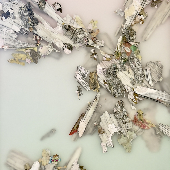 Peter Gronquist: Alchemist IV, 2024, Polyurethane, ink, acrylic, salvaged paper, quartz paint, satin, resin on plexiglass and wood, 84 x 60 inches