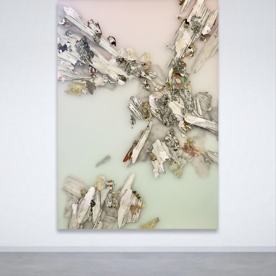 Peter Gronquist: Alchemist IV, 2024, Polyurethane, ink, acrylic, salvaged paper, quartz paint, satin, resin on plexiglass and wood, 84 x 60 inches
