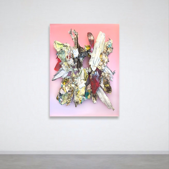 Peter Gronquist: Alchemist VII, 2024, Polyurethane, ink, acrylic, salvaged paper, quartz paint, satin, resin on plexiglass and wood, 48 x 36 inches