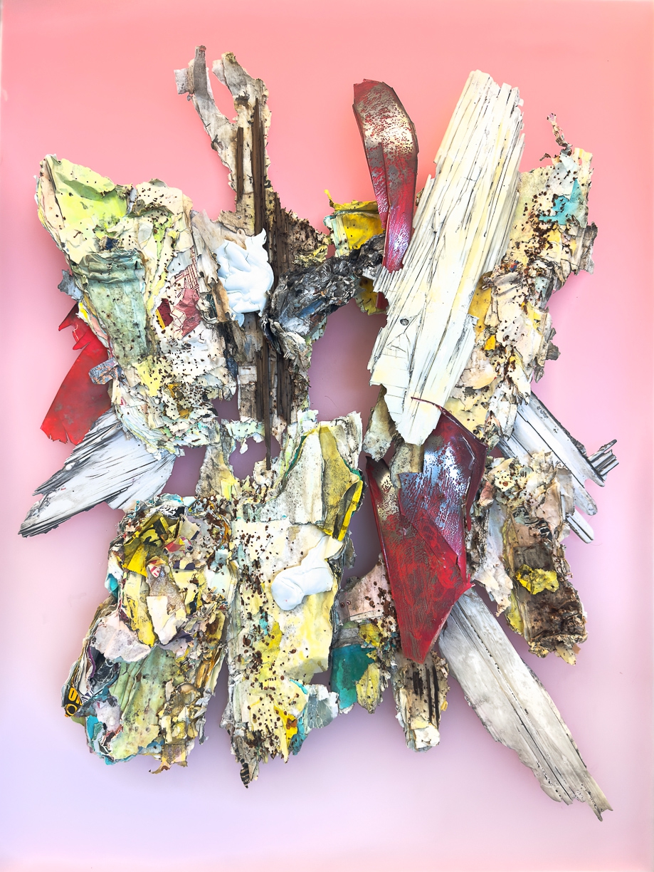 Peter Gronquist: Alchemist VII, 2024, Polyurethane, ink, acrylic, salvaged paper, quartz paint, satin, resin on plexiglass and wood, 48 x 36 inches