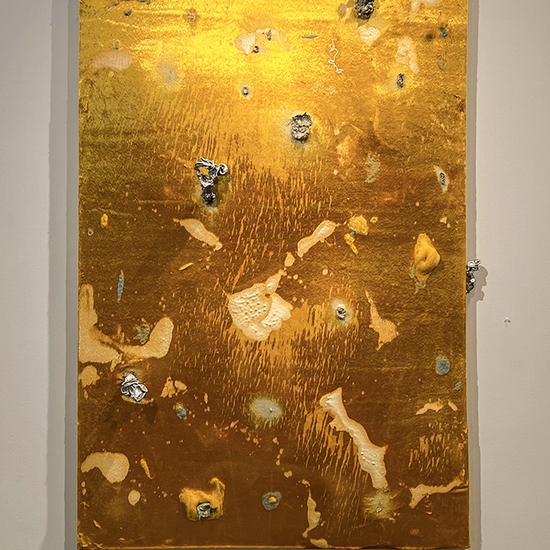 Peter Gronquist: Becoming 1, 2022, Concrete, resin, oil, felting wool, thread, and aluminum on velvet, 72 x 48 inches
