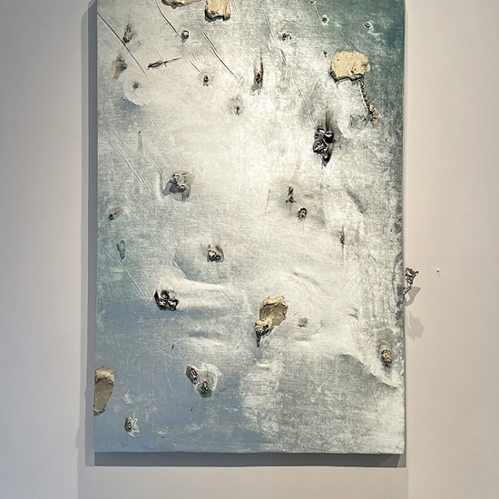 Peter Gronquist: Becoming 2, 2022, Concrete, oil, felting wool, thread, and aluminum on velvet, 72 x 48 inches