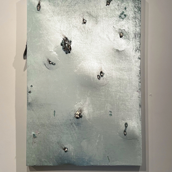 Peter Gronquist: Becoming 3, 2022, Concrete, oil, felting wool, thread, and aluminum on velvet, 72 x 48 inches