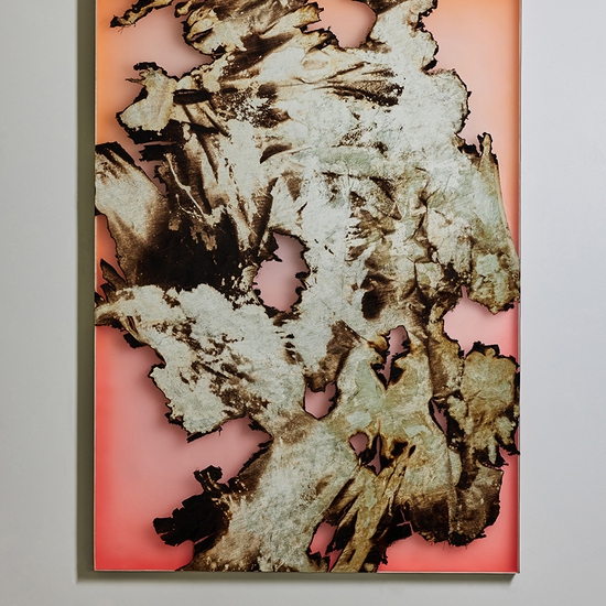 Peter Gronquist: Burn 1, 2022, Velvet and fire on wood and plexiglass frame and acrylic paint on walnut frame, 84 x 60 inches