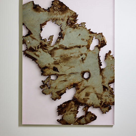 Peter Gronquist: Burn 2, 2022, Velvet and fire on wood and plexiglass frame and acrylic paint on walnut frame, 84 x 60 inches