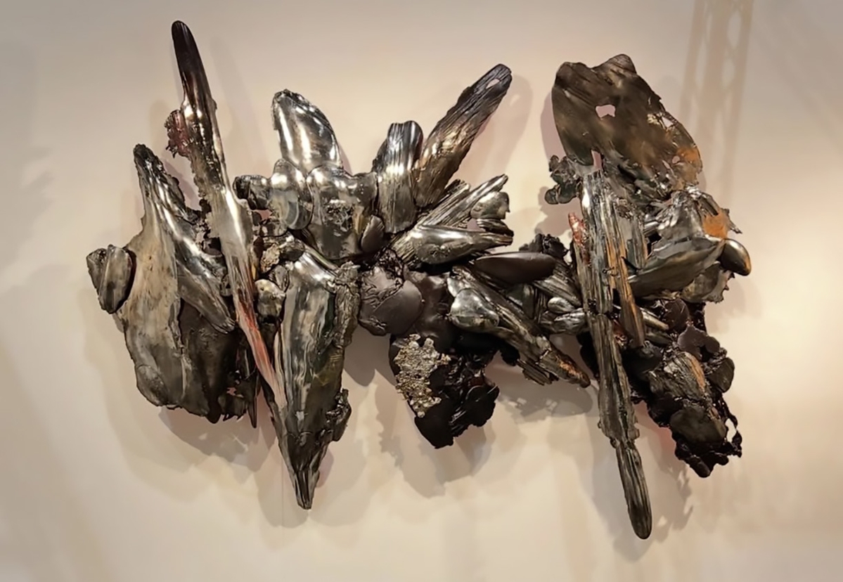 Peter Gronquist, Confluence, 2026, Hand-cast polyurethane, hand-cast aluminum, silver nitrate, enamel, oil, lace, and salvaged paper, 70 x 116 x 15 inches