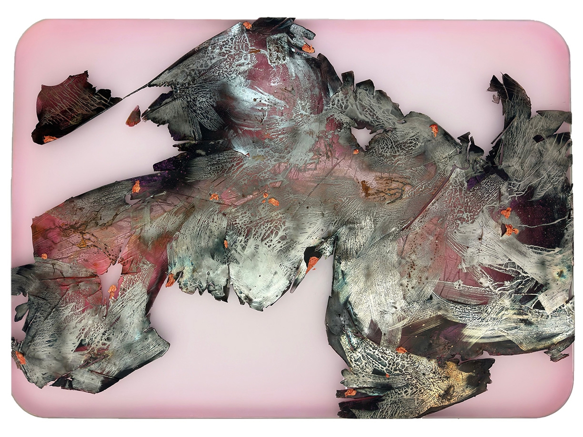 Peter Gronquist, Drift 1, 2024, Resin, pigment, enamel, silver nitrate, fire, acrylic and oil on plexiglass and wood, 60 x 84 x 3 inches