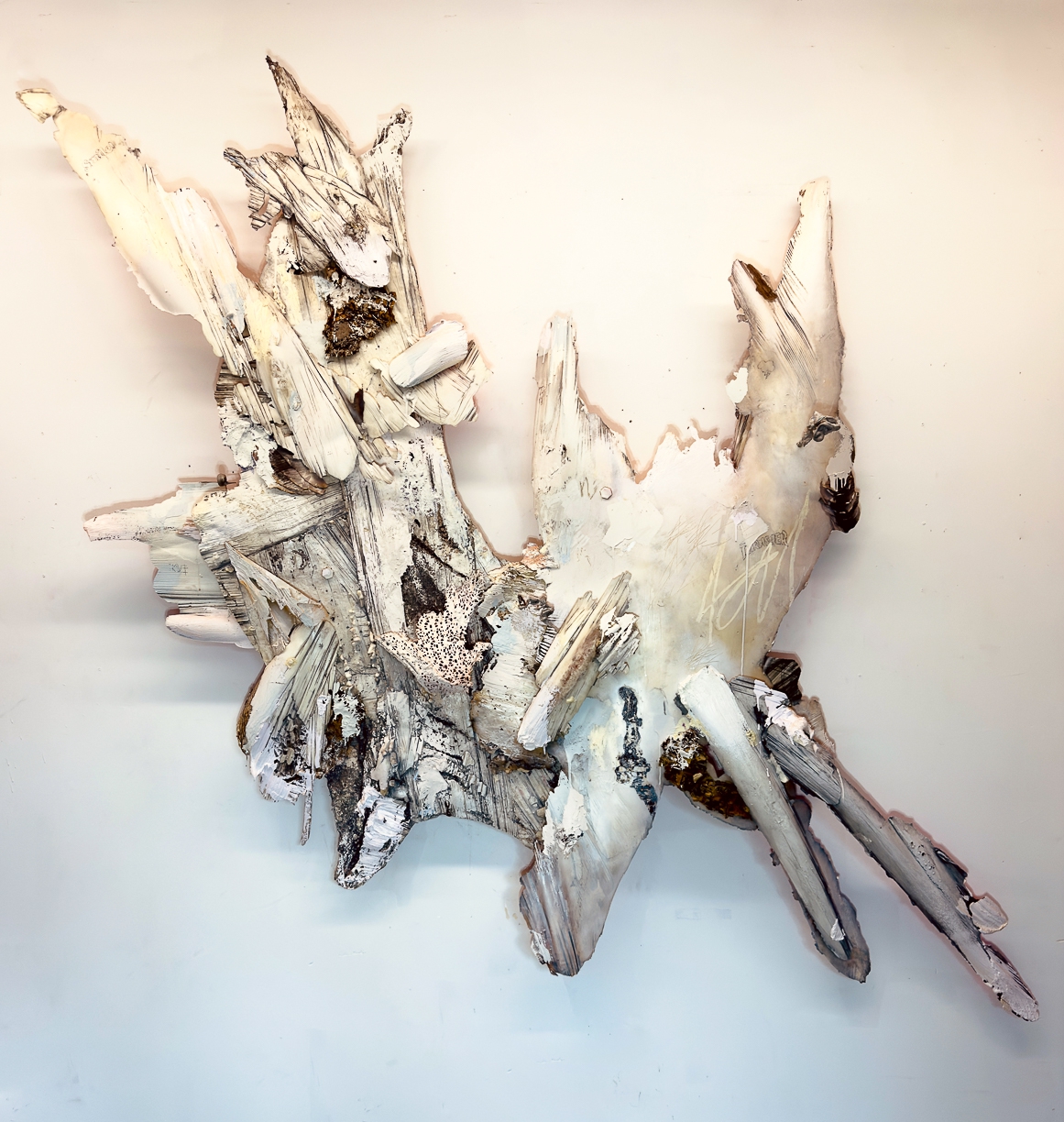 Peter Gronquist: Fragment II, 2024, Polyurethane, oil, acrylic, latex, ink, quartz, paper, wasp paper, ash and steel, 95 x 89 inches