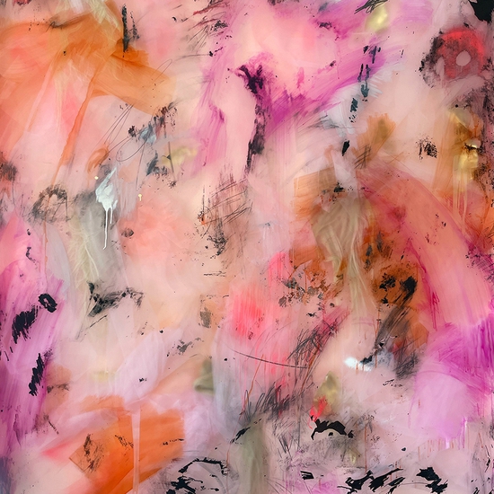 Peter Gronquist: Marks, 2021, Oil, acrylic, paint stripper, enamel, graphite, synthetic hair, tulle, brass, 96 x 72 inches
