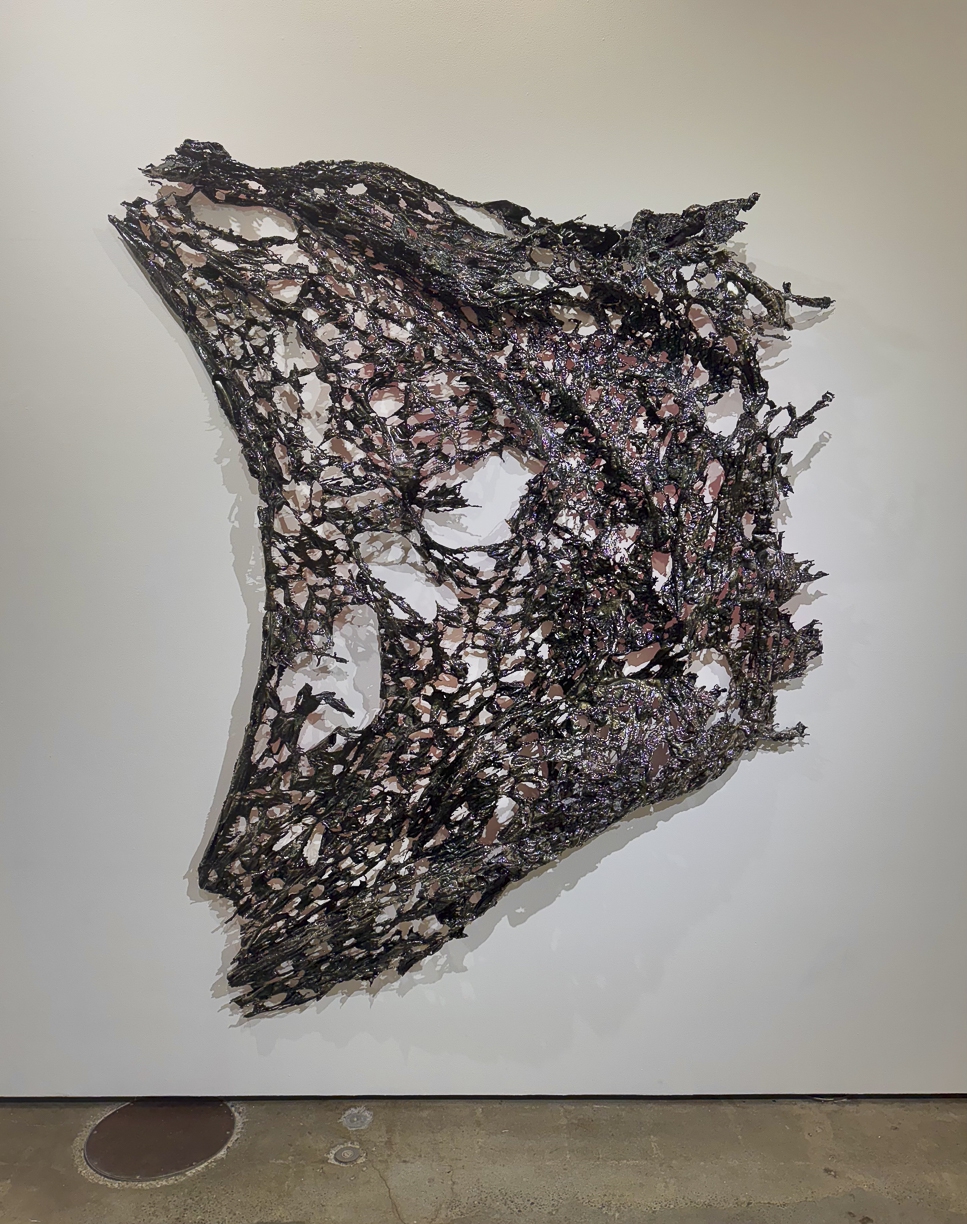 Peter Gronquist: Shroud II, 2024, Satin, resin, fiberglass, enamel, silver nitrate, quartz paint, 95 x 80 inches