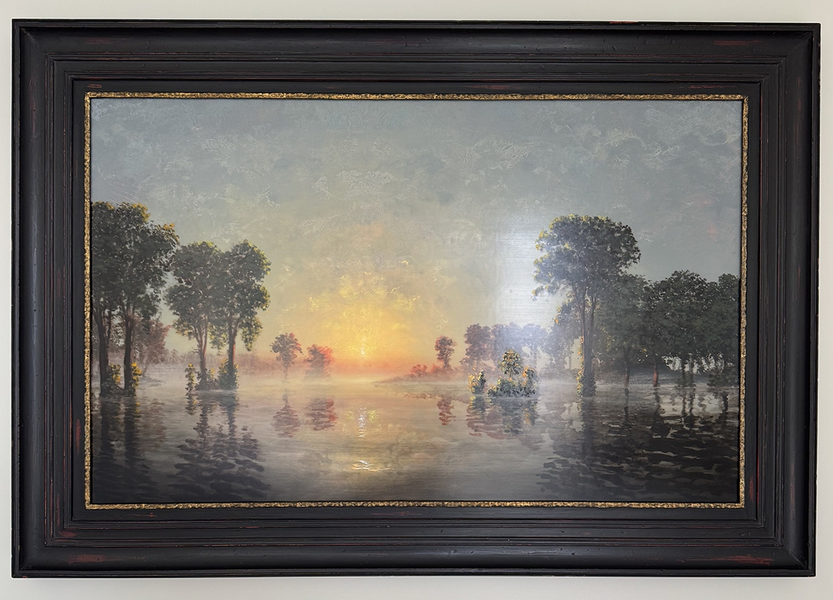 Stephen Hannock, Flooded River: Golden Light at Dawn, October, 2001, 2001, Polished oil on canvas stretched over panel, 30 x 48 inches, Framed size 39 x 57 inches