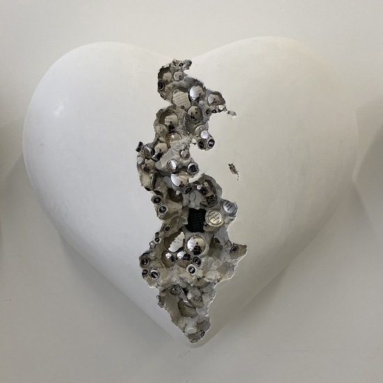 Jessica Lichtenstein: Let the More Loving One Be Me, 2020, Concrete, plaster, and mixed media lockets, 22 x 24 x 10 inches
