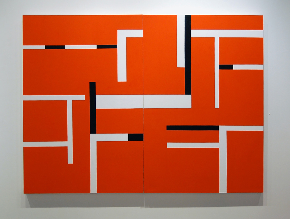 Mary Henry: Lost In Vermillion, 1996, Acrylic on canvas, 72 x 96 inches (Two Panels)