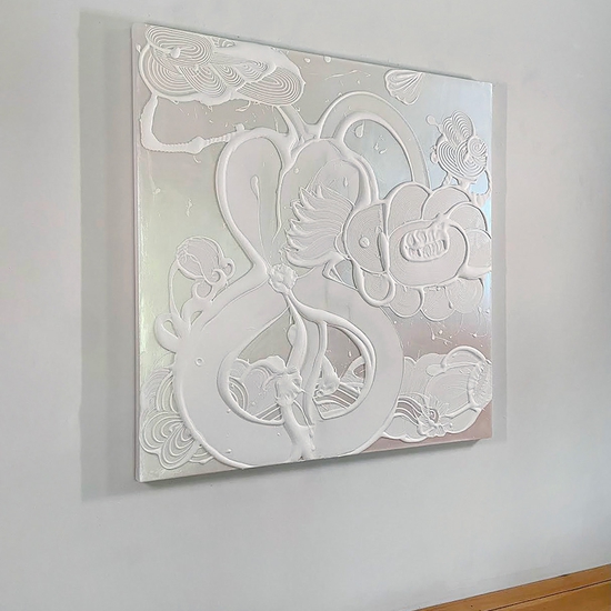Sideview of "Iridescent White Painting (Blue Star)"