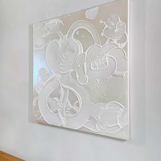 Sideview of "Iridescent White Painting (Blue Star)"