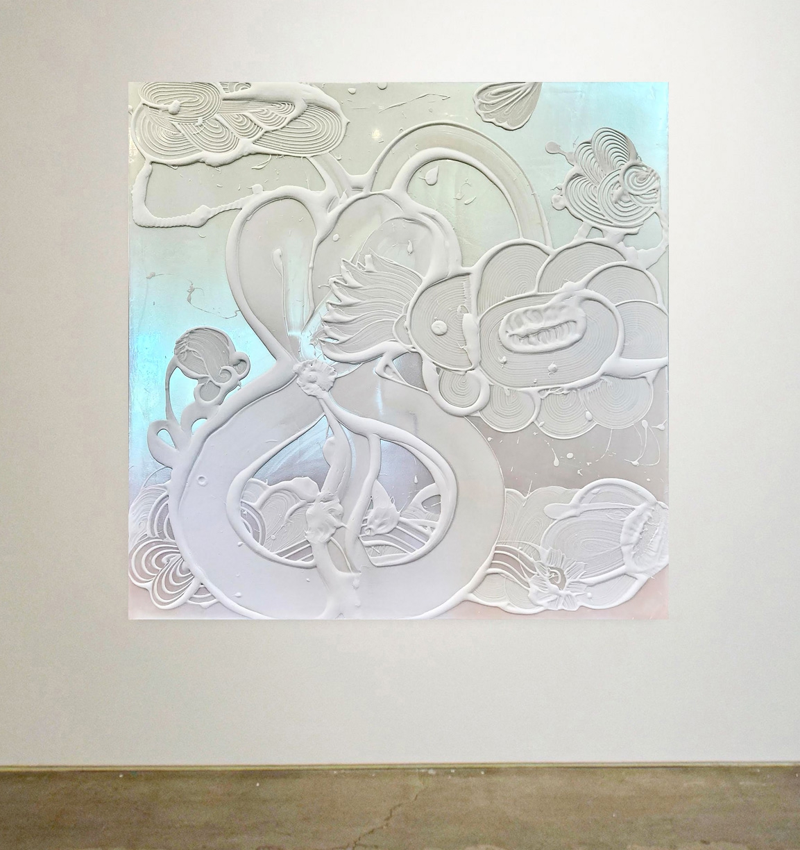 Catherine Howe: Iridescent White Painting (Blue Star), 2023, Acrylic mediums, interference and mineral pigments on canvas, 48 x 48 x 1.5 inches
