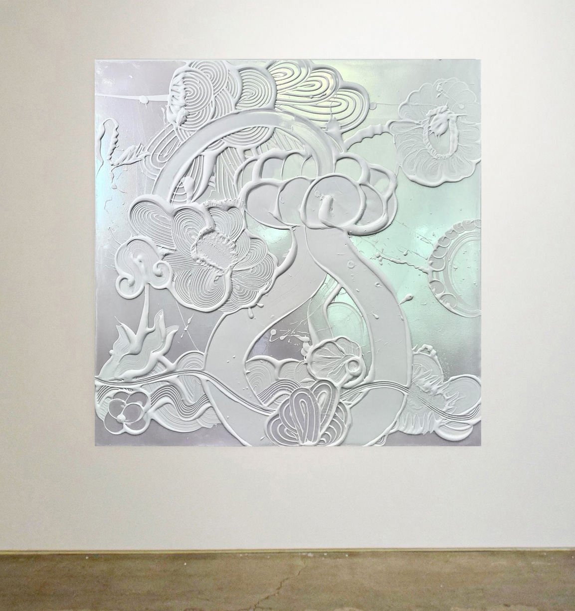 Catherine Howe: Iridescent White Painting (Bluebell), 2023, Acrylic mediums, interference and mineral pigments on canvas, 48 x 48 x 1.5 inches