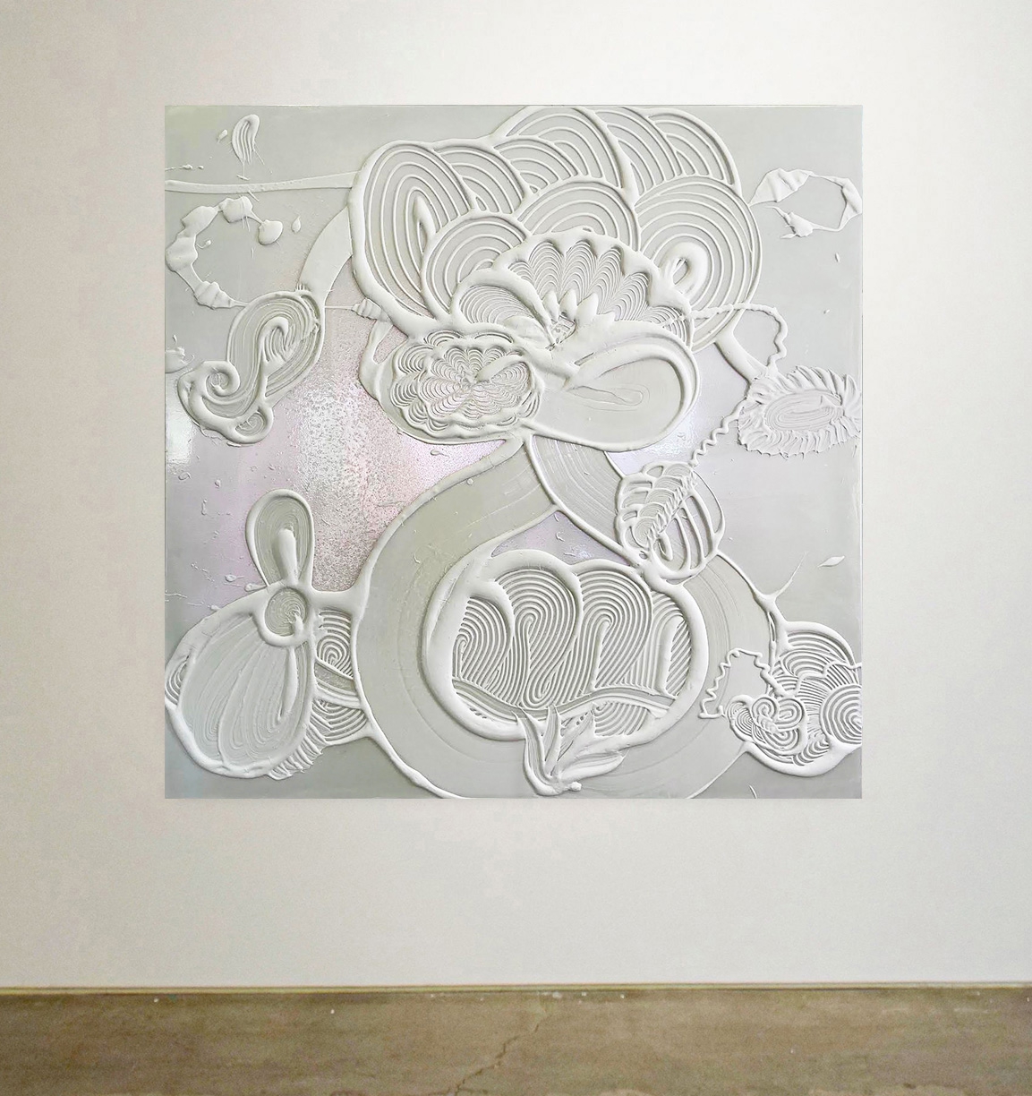 Catherine Howe: Iridescent White Painting (Marguerite), 2023, Acrylic mediums, interference and mineral pigments on canvas, 48 x 48 x 1.5 inches