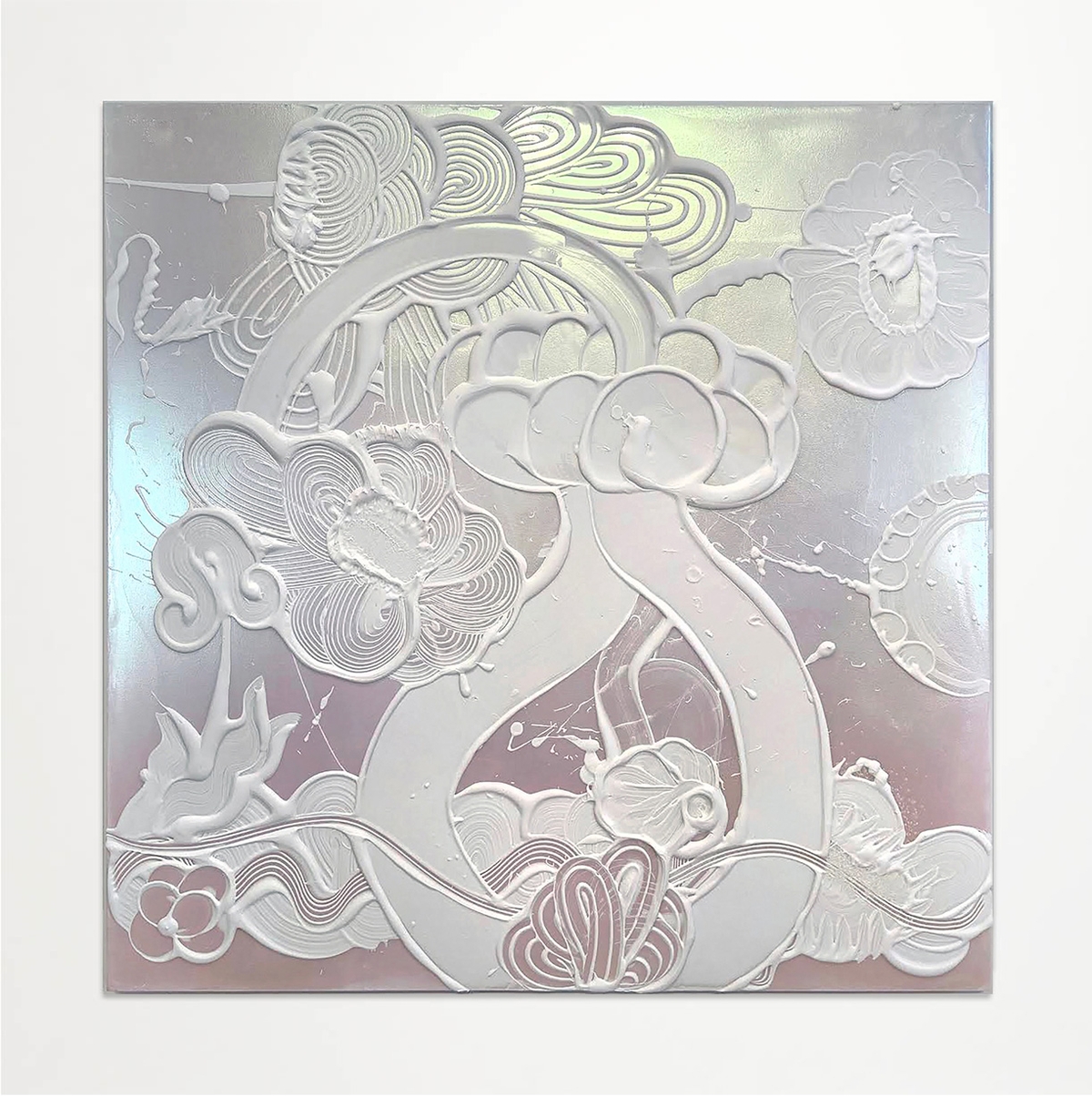 Catherine Howe, Iridescent White Painting (Bluebell), 2023, Acrylic mediums, interference and mineral pigments on canvas, 48 x 48 x 1.5 inches