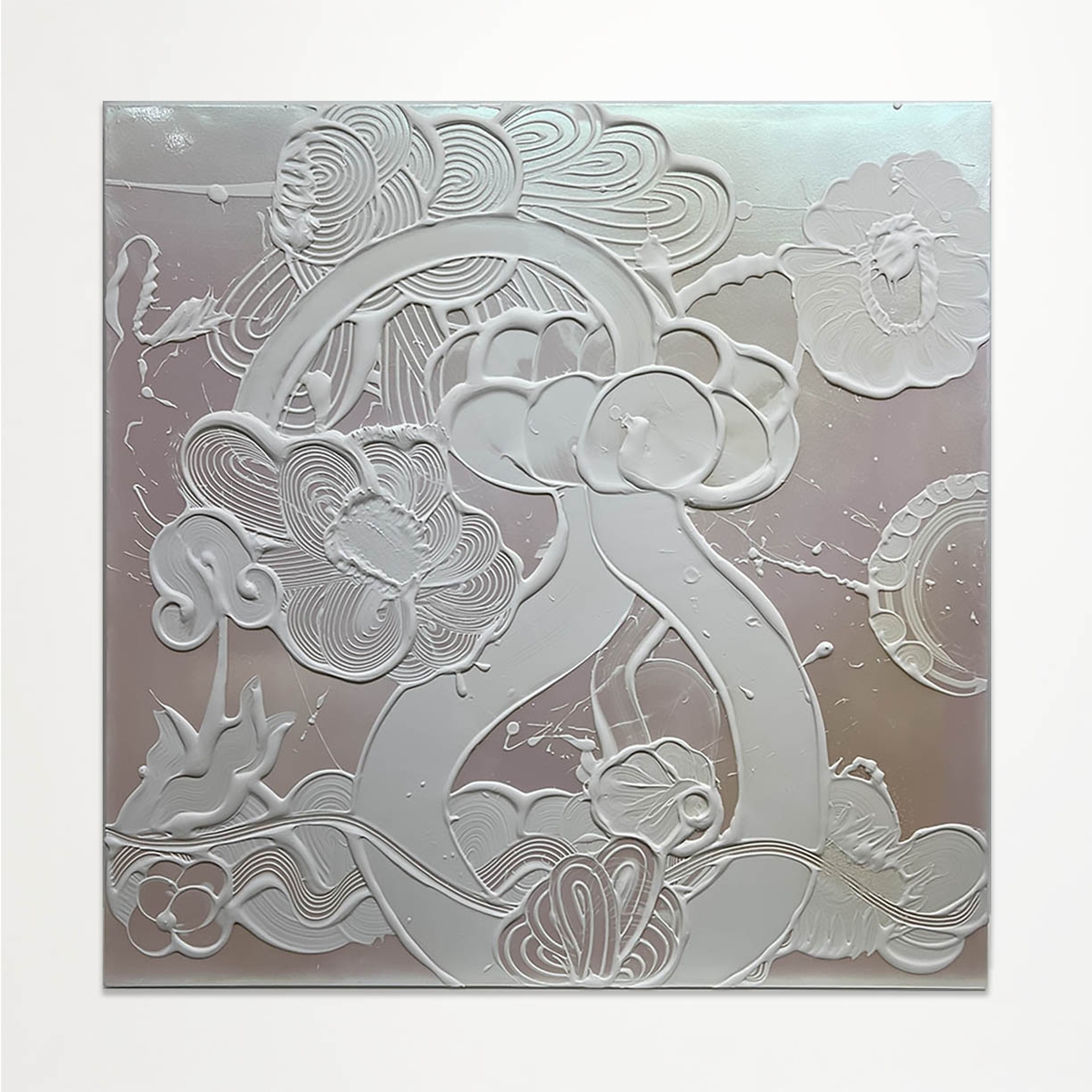 Catherine Howe, Iridescent White Painting (Bluebell), 2023, Acrylic mediums, interference and mineral pigments on canvas, 48 x 48 x 1.5 inches