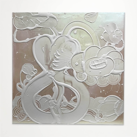 Catherine Howe, Iridescent White Painting (Blue Star), 2023, Acrylic mediums, interference and mineral pigments on canvas, 48 x 48 x 1.5 inches