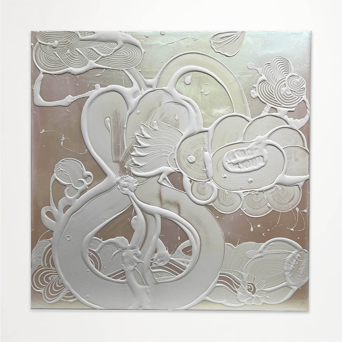 Catherine Howe, Iridescent White Painting (Blue Star), 2023, Acrylic mediums, interference and mineral pigments on canvas, 48 x 48 x 1.5 inches
