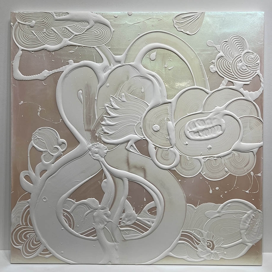 Catherine Howe, Iridescent White Painting (Blue Star), 2023, Acrylic mediums, interference and mineral pigments on canvas, 48 x 48 x 1.5 inches