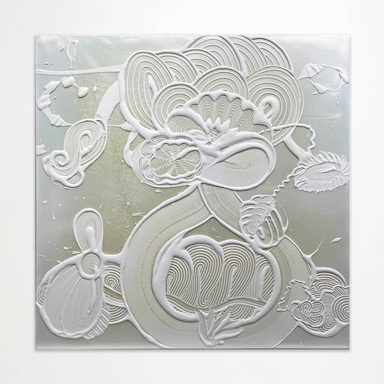 Catherine Howe, Iridescent White Painting (Marguerite), 2023, Acrylic mediums, interference and mineral pigments on canvas, 48 x 48 x 1.5 inches