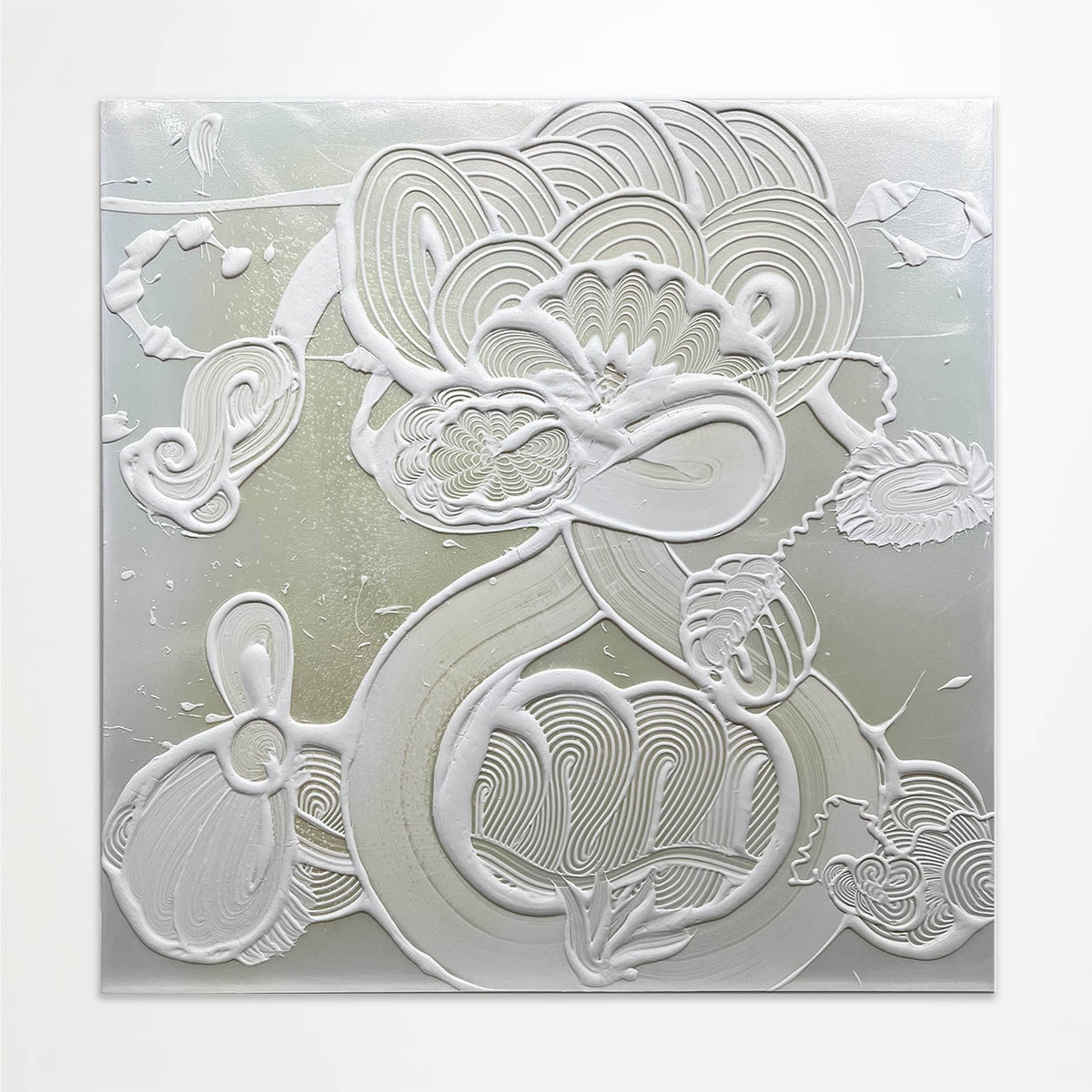 Catherine Howe, Iridescent White Painting (Marguerite), 2023, Acrylic mediums, interference and mineral pigments on canvas, 48 x 48 x 1.5 inches