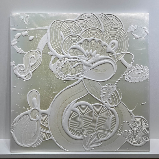 Catherine Howe, Iridescent White Painting (Marguerite), 2023, Acrylic mediums, interference and mineral pigments on canvas, 48 x 48 x 1.5 inches