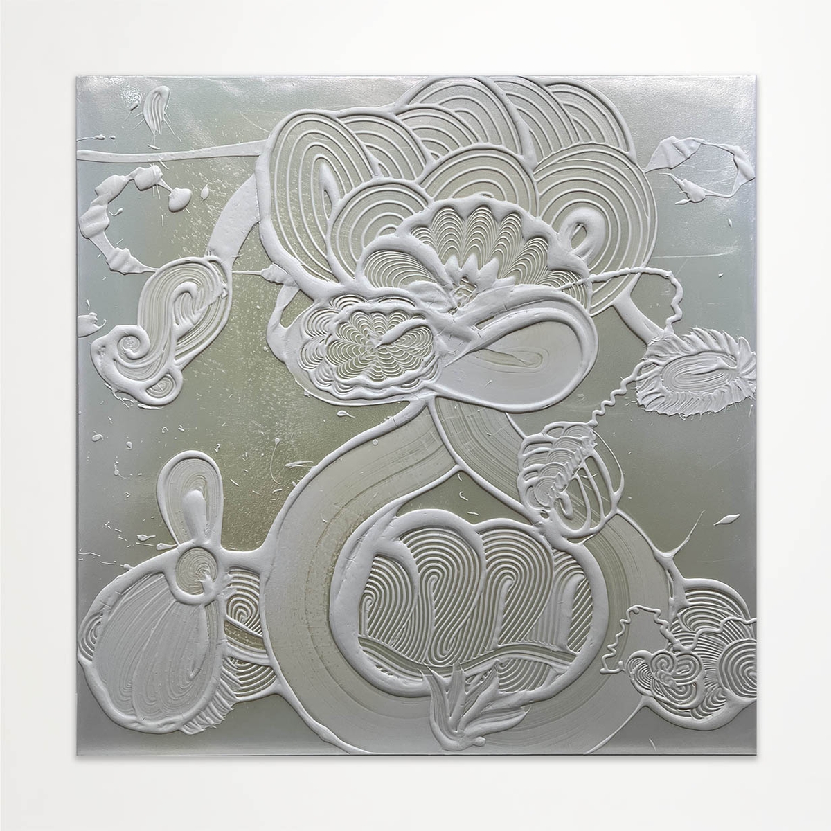 Catherine Howe, Iridescent White Painting (Marguerite), 2023, Acrylic mediums, interference and mineral pigments on canvas, 48 x 48 x 1.5 inches