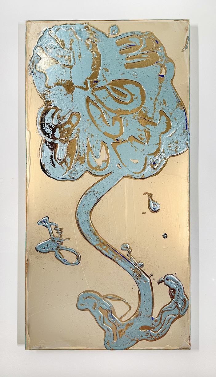 Catherine Howe, Tall Bloom No. 3, 2026, Acrylic, interference mica pigments, metal leaf on canvas, 36 x 18 inches