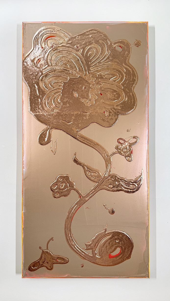 Catherine Howe, Tall Bloom No. 4, 2026, Acrylic, interference mica pigments, metal leaf on canvas, 36 x 18 inches