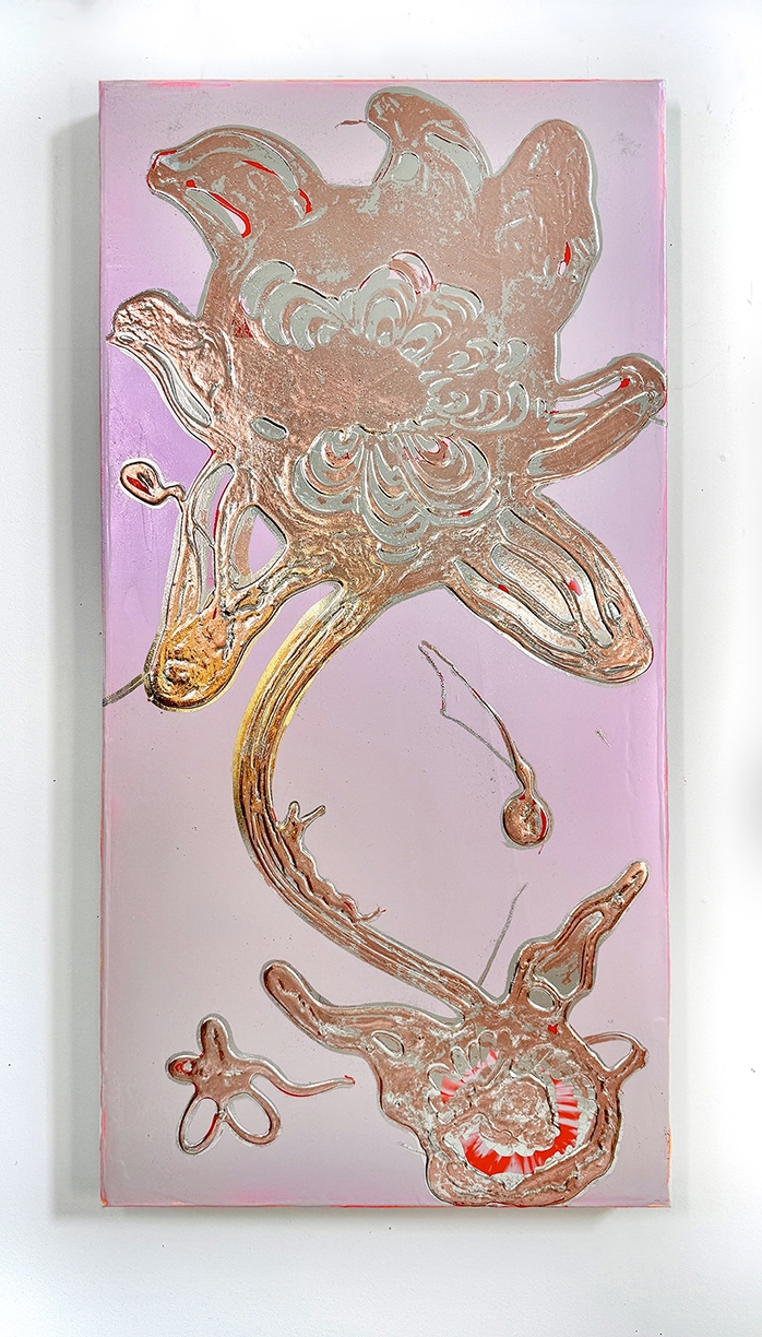 Catherine Howe, Tall Bloom No. 5, 2026, Acrylic, interference mica pigments, metal leaf on canvas, 36 x 18 inches