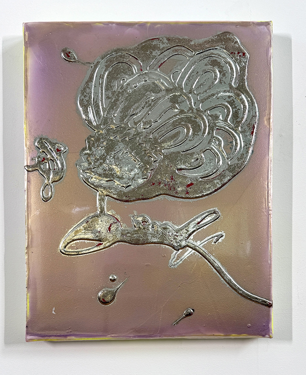 Catherine Howe, Tiny Bloom No.1, 2025, Acrylic, mica pigments, and metal leaf on canvas, 18 x 14 inches
