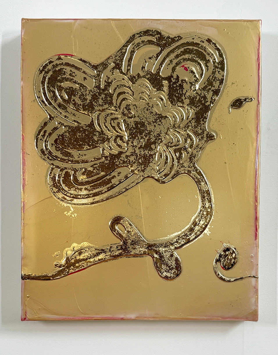 Catherine Howe, Tiny Bloom No.3, 2025, Acrylic, mica pigments, and metal leaf on canvas, 18 x 14 inches