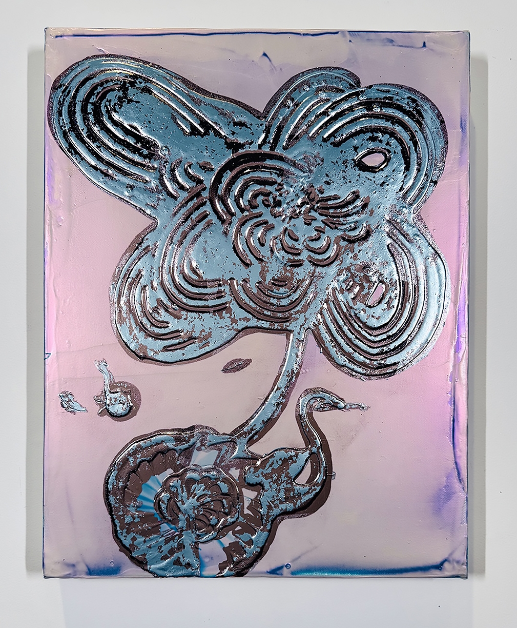 Catherine Howe, Tiny Bloom No.5, 2025, Acrylic, mica pigments, and metal leaf on canvas, 18 x 14 inches