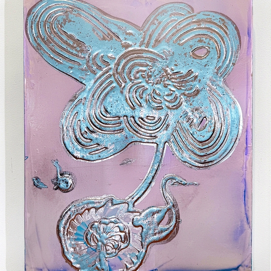 Catherine Howe, Tiny Bloom No.5, 2025, Acrylic, mica pigments, and metal leaf on canvas, 18 x 14 inches