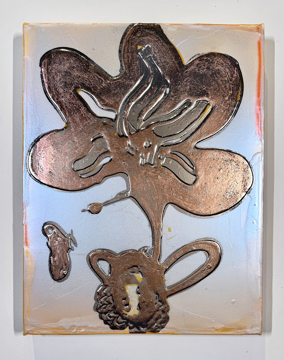 Catherine Howe, Tiny Bloom No.6, 2025, Acrylic, mica pigments, and metal leaf on canvas, 18 x 14 inches