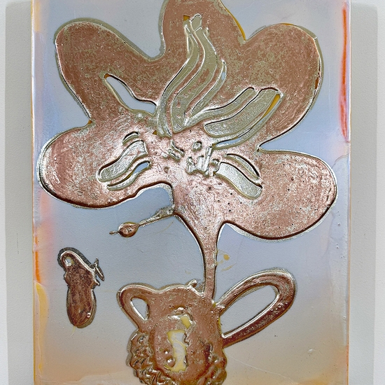 Catherine Howe, Tiny Bloom No.6, 2025, Acrylic, mica pigments, and metal leaf on canvas, 18 x 14 inches